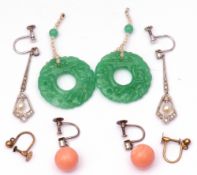 Mixed Lot: pair of diamond and pearl pendant earrings, a pair of antique coral and sphere diamond