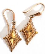 Pair of 9ct gold earrings, of diamond shape with steel cut engraved detail, suspended from hook
