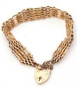 Antique 15ct stamped five-bar gate bracelet, heart padlock and safety chain fitting, weight 20gms