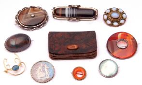 Mixed Lot: tray of various antique agate brooches, a butterfly wing brooch depicting a silhouette of