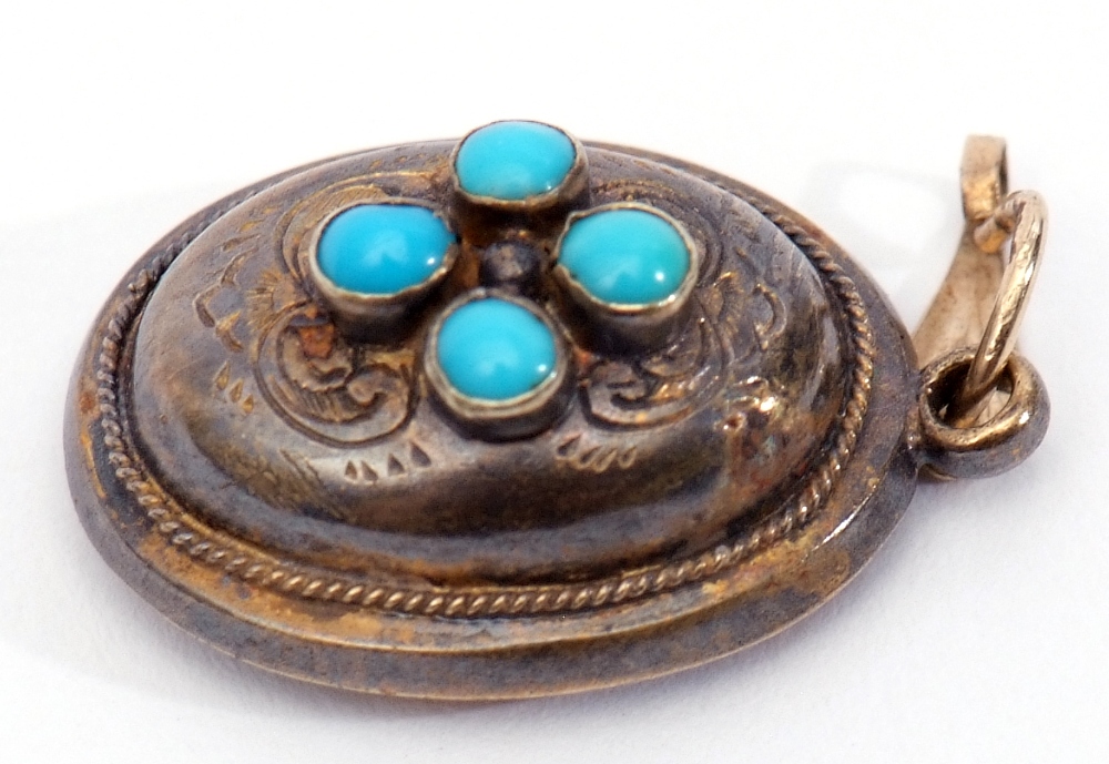 Antique small gilt metal oval locket, the centre applied with 4 collet set small turquoises, the - Image 2 of 4