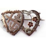 Victorian silver faith, hope and charity brooch, a design of two overlapped open work hearts,