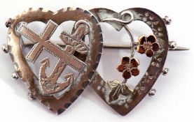 Victorian silver faith, hope and charity brooch, a design of two overlapped open work hearts,