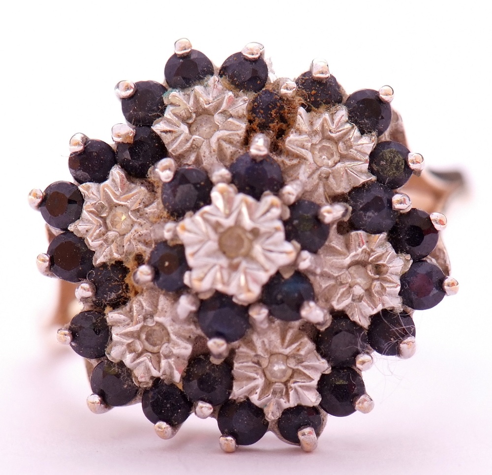 9ct gold, sapphire and diamond cluster ring, featuring seven small diamonds in illusion settings, - Image 9 of 10