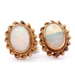 Pair of oval cabochon opal studs each rub-over set in 9ct gold mounts, with scrolled rope borders,