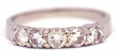 Precious metal five-stone brilliant cut diamond ring, 0.70ct approx, each individually claw set in a