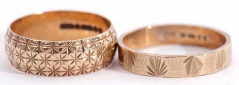 Mixed Lot: two 9ct gold wedding rings, with chased and engraved detail, gross weight 6.2gms