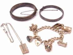 Mixed Lot: hallmarked silver curb link bracelet, suspending various charms, two hallmarked silver