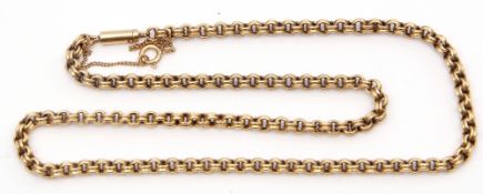 A 375 stamped belcher link necklace, to a barrel clasp and safety chain fitting, 22cm long fastened,