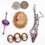 Mixed Lot: antique hardstone cameo brooch, Baume ladies wrist watch, marcasite set; together with