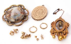 Mixed Lot: pair of 9ct gold hoop earrings, antique back and front engraved locket, Victorian gilt