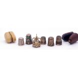 Mixed Lot: silver Coronation thimble in a silver gilt and jewelled crown holder, 4 various silver