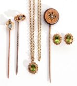 Mixed Lot: 9ct gold and green stone pendant with matching earrings, a 14Kt stamped trace chain,