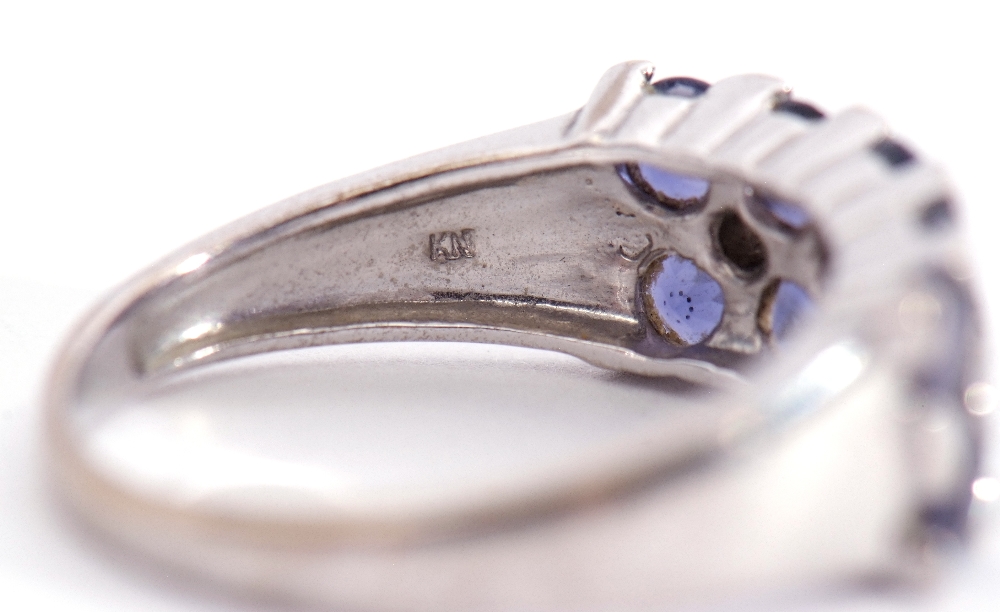 9ct white gold Iolite set ring, a chequerboard design in part rub over setting, all in a castellated - Image 11 of 11