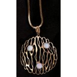 Large 9ct gold stylised open work pendant featuring 3 round cabochon opals in bezel mounts, open