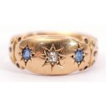Early 20th century 18ct gold diamond and sapphire ring, the central small old cut diamond between