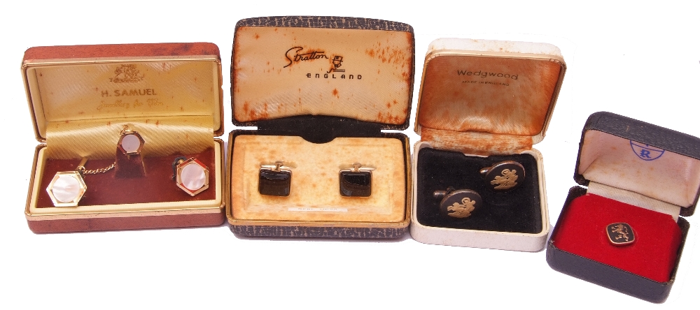 Mixed Lot: two pairs of cased vintage cuff links with swivel fittings, a matching tie pin and cuff