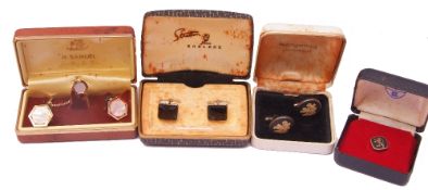 Mixed Lot: two pairs of cased vintage cuff links with swivel fittings, a matching tie pin and cuff