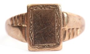 9ct gold signet ring, the rectangular plain polished panel framed with a chased border and part