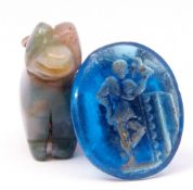 Mixed Lot: vintage jade pendant carved as a seated dog, together with an antique blue glass intaglio