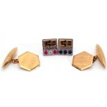 Mixed Lot: pair of 9ct gold cuff links of hexagonal shape, engraved fronts with chain connectors and