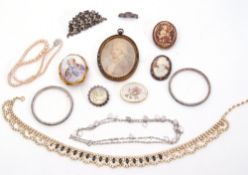 Mixed Lot: porcelain brooch, framed photograph portrait, necklaces, bangles etc