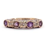 9ct gold diamond and amethyst ring, alternate set with 4 round faceted amethysts and 3 small