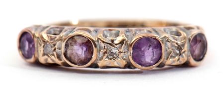 9ct gold diamond and amethyst ring, alternate set with 4 round faceted amethysts and 3 small