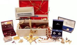 Box of costume jewellery, in a white leatherette jewel box, Swarovski earrings (boxed), simulated
