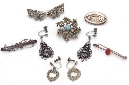 Mixed Lot: three white metal brooches together with two pairs of marcasite earrings and a similar