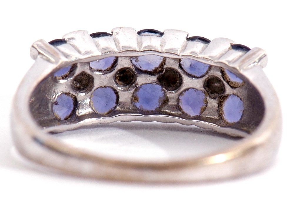 9ct white gold Iolite set ring, a chequerboard design in part rub over setting, all in a castellated - Image 3 of 11