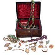 Inlaid jewel box to include jewellery, necklaces, brooches, gold plated pocket watch (a/f)
