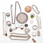 Mixed Lot: large coin pendant dated 1780, a silver heart locket, a shell cameo brooch and various