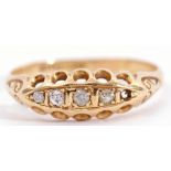 18ct gold four stone diamond ring of boat shape, featuring 4 graduated old cut diamonds (one