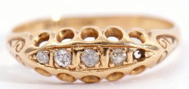 18ct gold four stone diamond ring of boat shape, featuring 4 graduated old cut diamonds (one