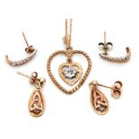 Mixed Lot: modern 9ct and diamond heart open work pendant and chain, two pairs of 9ct gold earrings,