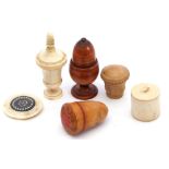 Mixed Lot: thimble holders, two treen, one vegetable ivory and two antique ivory examples to include