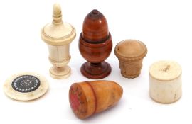 Mixed Lot: thimble holders, two treen, one vegetable ivory and two antique ivory examples to include