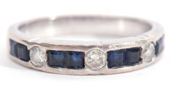 Precious metal, sapphire and diamond set half eternity ring (part hoop), comprising 4 groups of 2