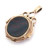 Antique 10ct stamped swivel locket fob with bloodstone and carnelian panels, hinged locket