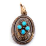 Antique small gilt metal oval locket, the centre applied with 4 collet set small turquoises, the