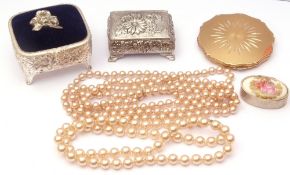 Mixed Lot: Stratton compact, two pressed metal small jewellery boxes, two long rows simulated pearls