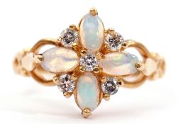 18ct gold opal and diamond cluster ring, featuring 4 oval cabochon opals highlighted with 5 small