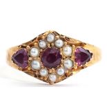 Antique 15ct gold, purple stone and seed pearl ring, the circular shaped centre stone within a
