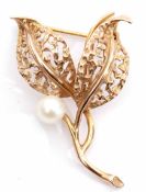 9ct gold and cultured pearl spray brooch, a design with two pierced entwined leaves highlighted