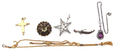 Mixed Lot: antique paste set starburst brooch, a pique domed brooch, a gilded metal large cross