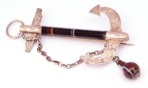 Large Victorian Scottish anchor agate brooch, the faceted cylindrical banded agate stem with
