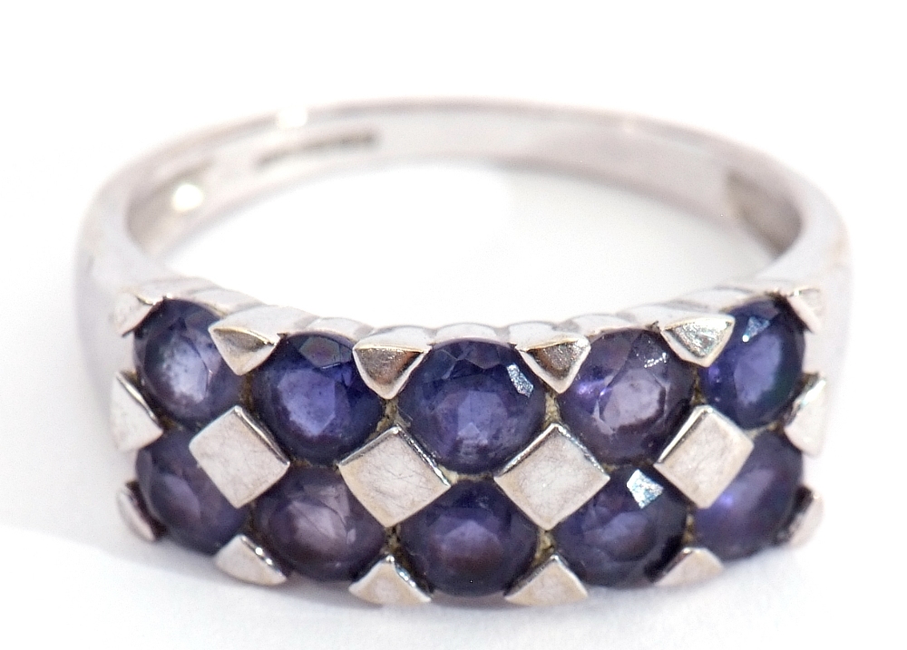 9ct white gold Iolite set ring, a chequerboard design in part rub over setting, all in a castellated - Image 4 of 11