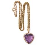 Large amethyst heart shaped pendant, 23mm x 23mm, multi-claw set in a yellow metal scroll and bead