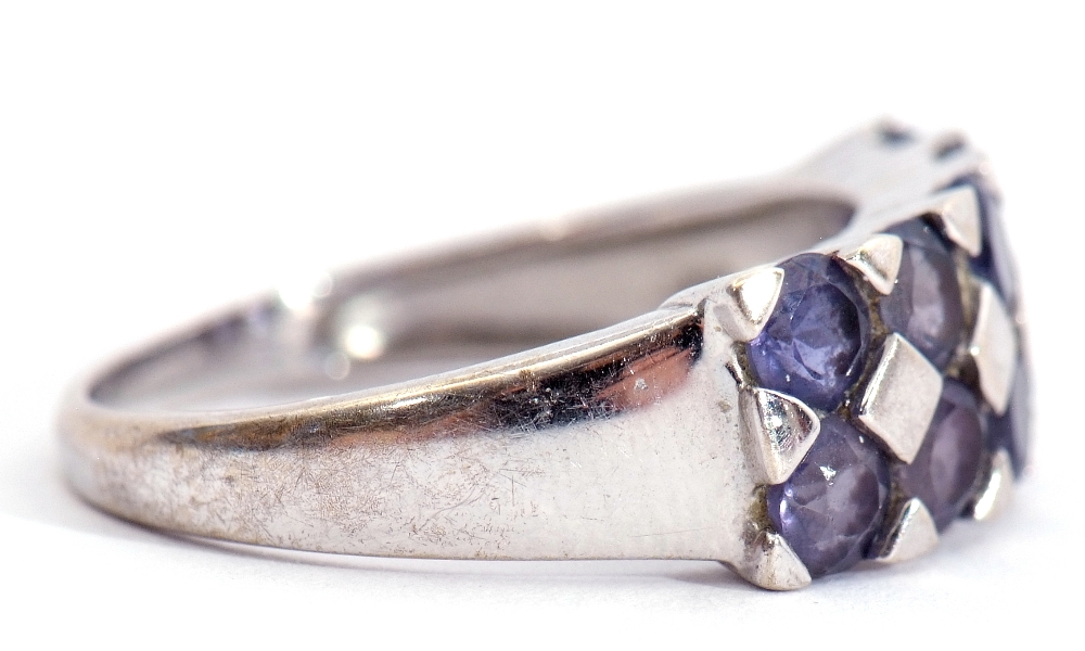 9ct white gold Iolite set ring, a chequerboard design in part rub over setting, all in a castellated - Image 6 of 11